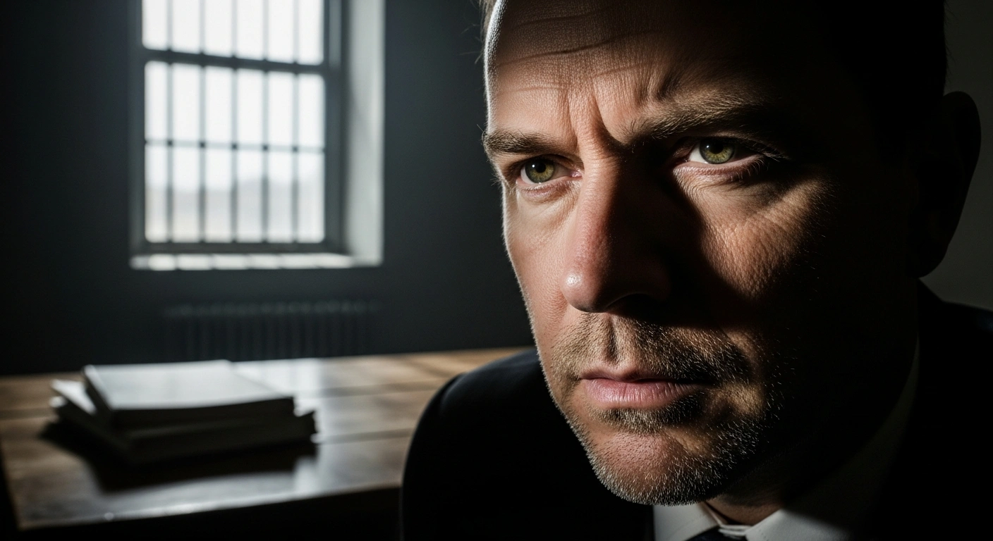 A man's face, partially obscured by shadows under harsh lighting, conveys weariness and defiance, with blurred prison bars in the background, symbolizing the accusation of illicit enrichment against Rafael Arce Mosqueira, son of former Bolivian President Luis Arce, regarding the 'Adán y Eva' property.