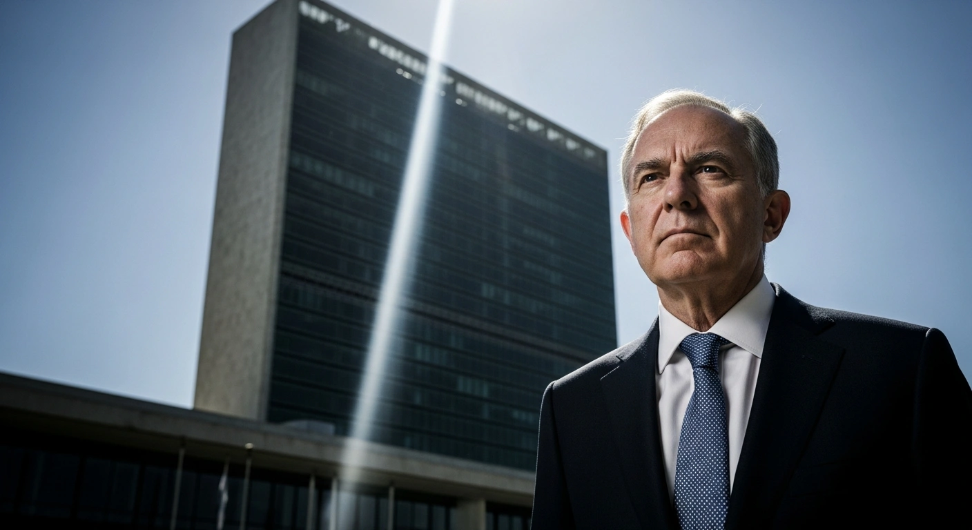 A low-angle medium shot shows Rafael Grossi, Argentina's nominee for UN Secretary-General, standing with a determined expression in front of a blurred United Nations headquarters, illuminated by a strong shaft of light, symbolizing his reformist vision for a proactive and decisive UN.