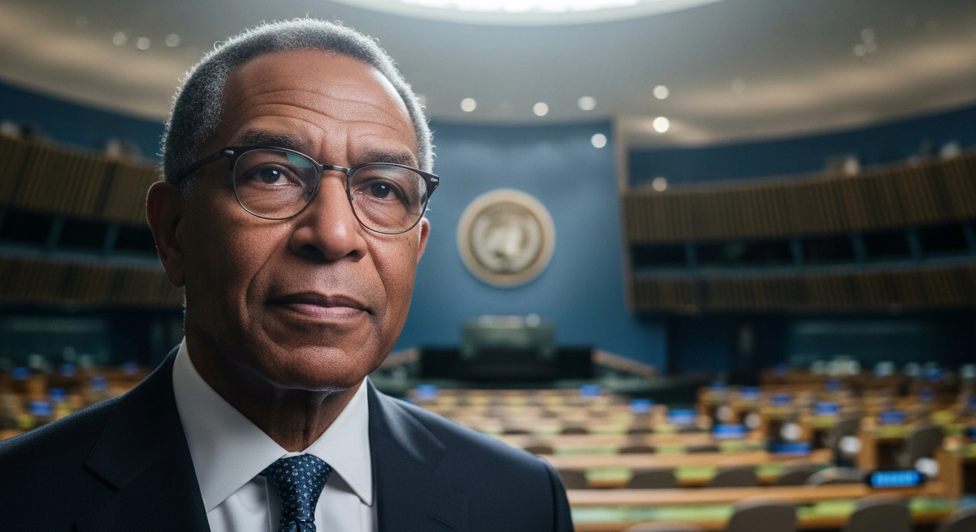 A distinguished Rafael M. Grossi, current Director General of the International Atomic Energy Agency (IAEA) and Argentina's candidate for UN Secretary-General, stands confidently in a formal international setting, conveying leadership and extensive diplomatic experience.