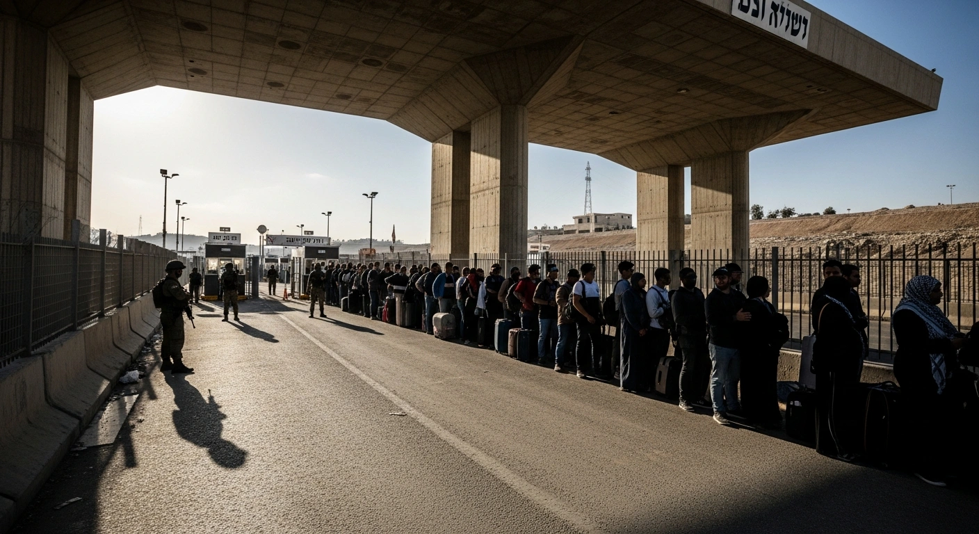 A long line of weary Palestinian travelers waits under a harsh sun at the Rafah border crossing between Gaza and Egypt, where strict Israeli security checks cause significant delays and raise concerns from UN human rights officials.