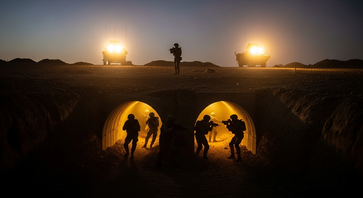 Hamas operatives emerge from a dark underground tunnel opening in eastern Rafah, Gaza, illuminated by harsh military floodlights against a barren, dusty landscape, as Israel Defense Forces respond.