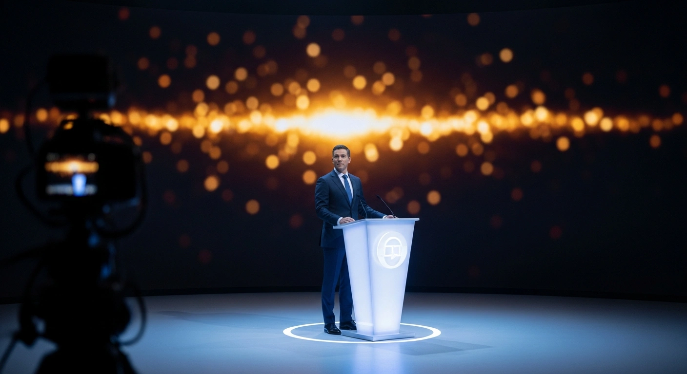RAI CEO Roberto Sergio stands on a stage during the official presentation of the new Italian television programming schedule.