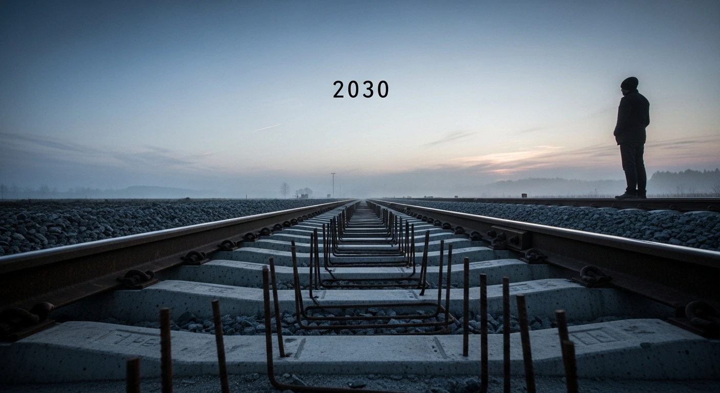 A wide, low-angle shot of a partially constructed railway line with rusted rebar and unfinished concrete, stretching into a misty, twilight distance, symbolizing Latvia's slow progress on the Rail Baltica project and Estonia's concern over the 2030 deadline and funding challenges.