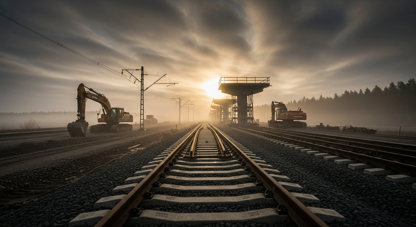 A wide, low-angle shot depicts a desolate, partially constructed railway track in Latvia, with dormant heavy machinery under a muted, overcast sky, stretching into a thick fog, symbolizing the delayed Rail Baltica project due to significant funding issues and escalating costs.