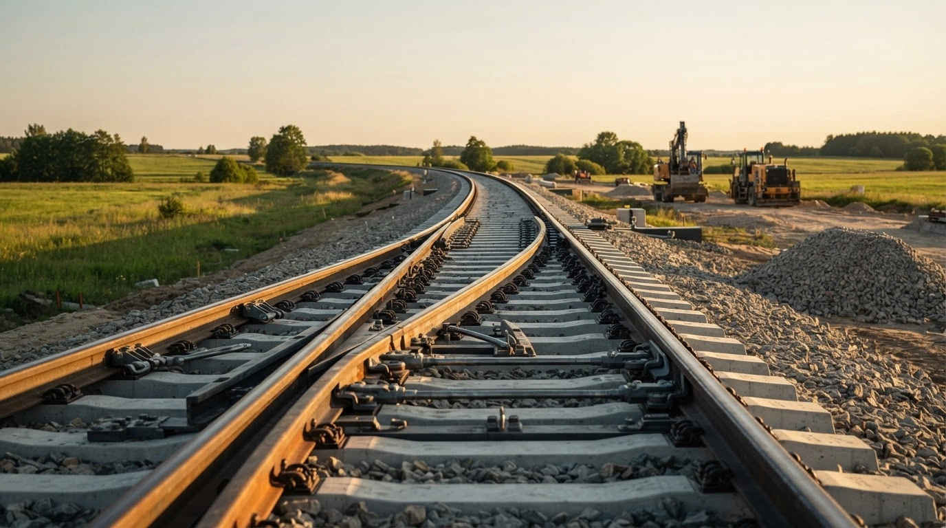 A newly installed high-speed railway turnout sits on a gravel track bed during the construction of the Rail Baltica project in Lithuania.