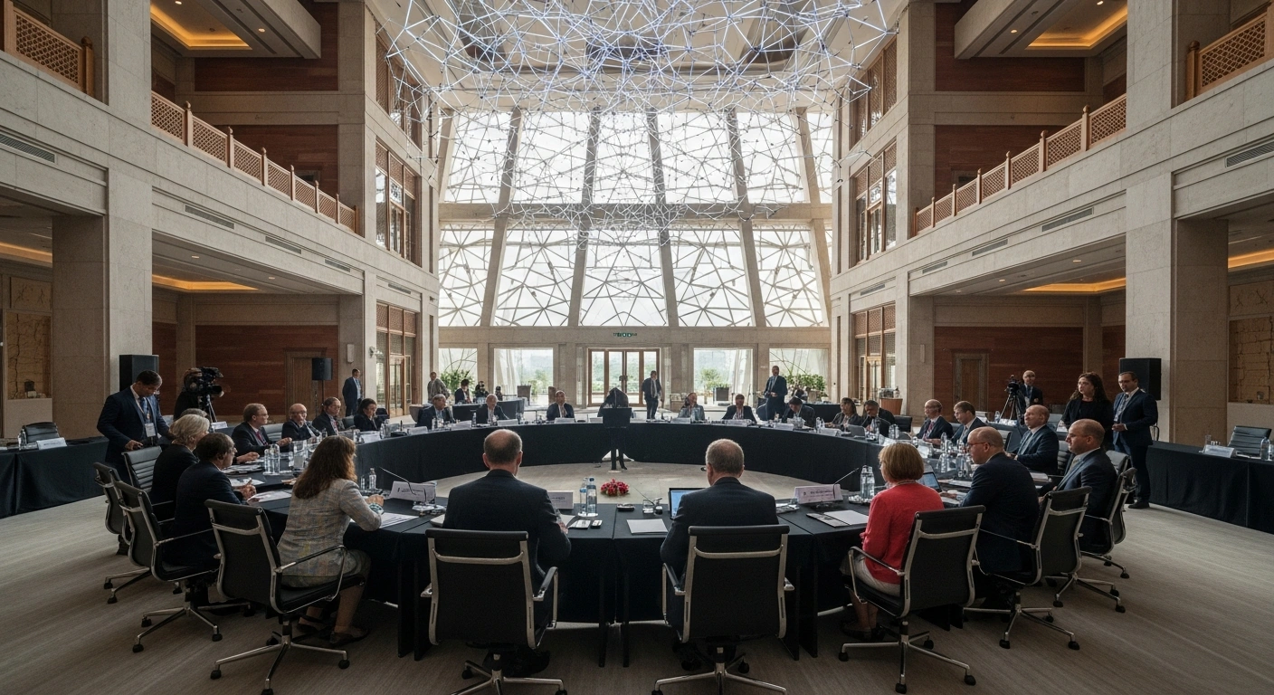 A wide, elevated view of a contemporary conference hall in New Delhi, India, where a diverse group of scientists and diplomats are engaged in discussions around a circular table, symbolizing the Raisina Science Diplomacy Initiative (SDI) 2026, fostering collaboration at the intersection of science, technology, and diplomacy.