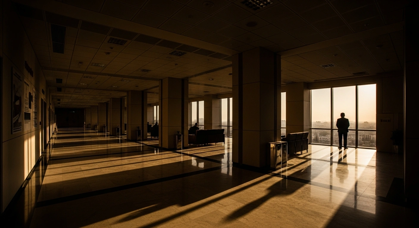 A government official stands in a sunlit office building in Rajasthan during a major administrative reshuffle of state officials.