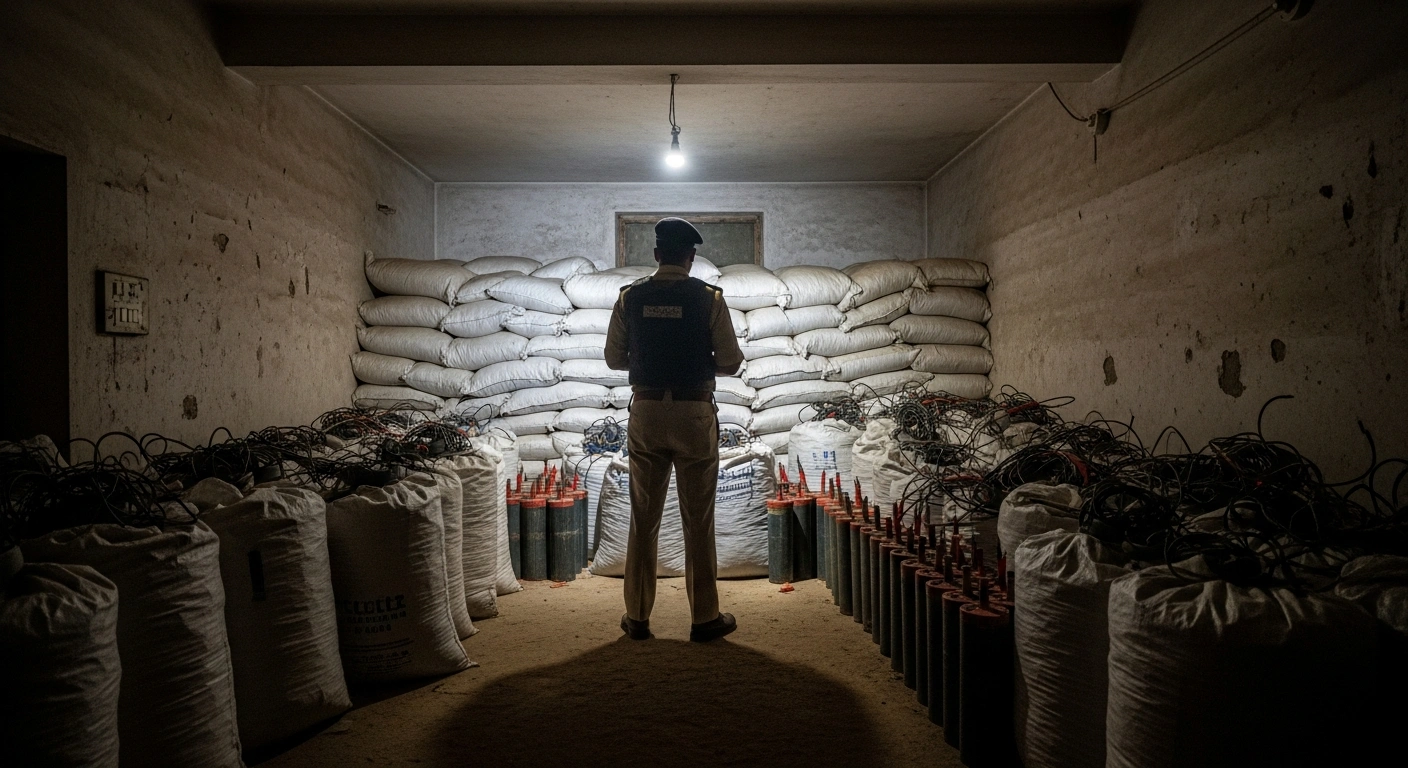 Rajasthan Police officers inspect a massive seizure of nearly 10,000 kg of explosives, including ammonium nitrate and detonators, from a dimly lit farmhouse in Nagaur district, following an arrest related to illegal mining operations.