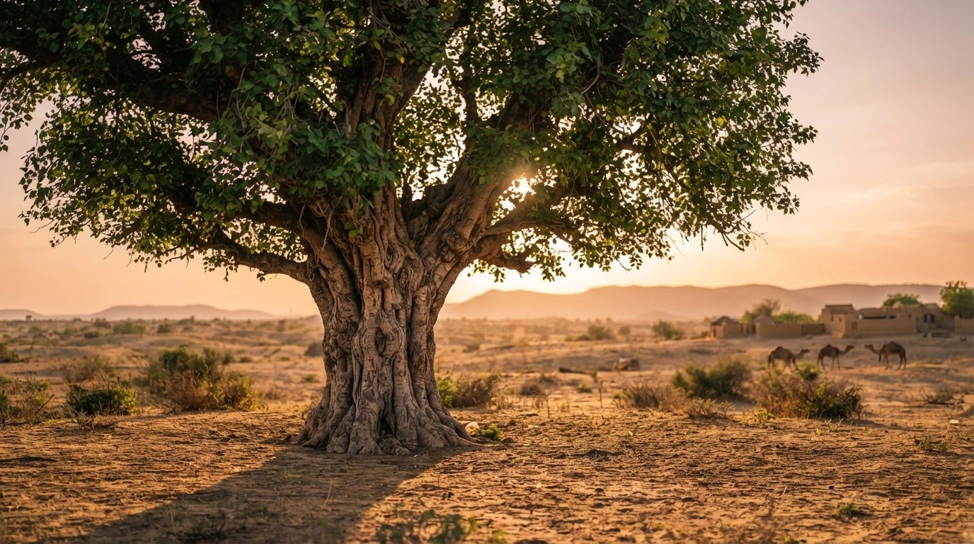 A majestic tree stands in a sunlit Rajasthan landscape as part of the new environmental conservation efforts under the Rajasthan Trees Protection Bill.
