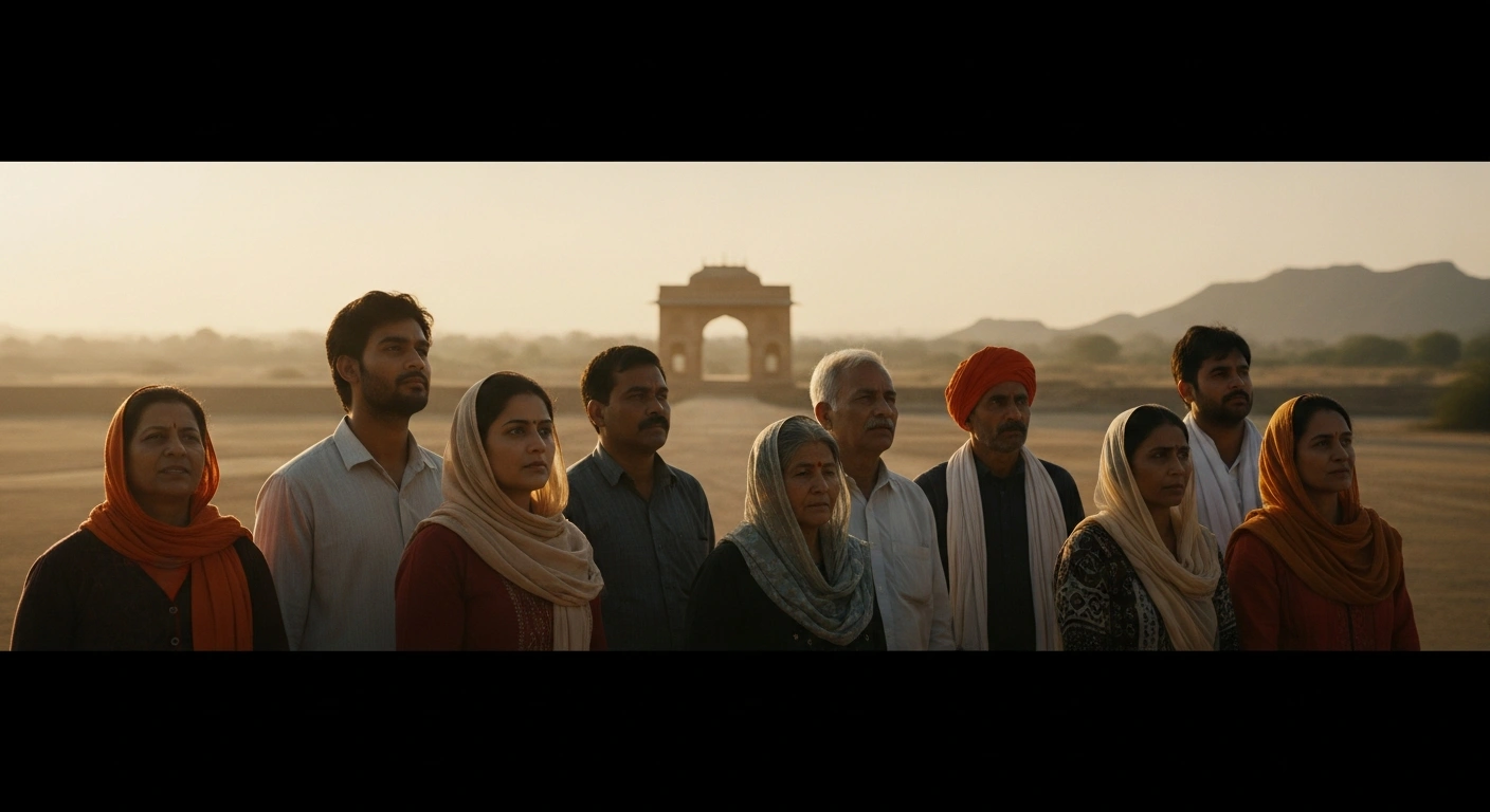 A diverse group of people, including men and women of various ages, stands at golden hour in a Rajasthani landscape with a traditional archway, gazing towards an open horizon, symbolizing the broadened candidate eligibility for Panchayati Raj and urban local body elections after the removal of the two-child norm.