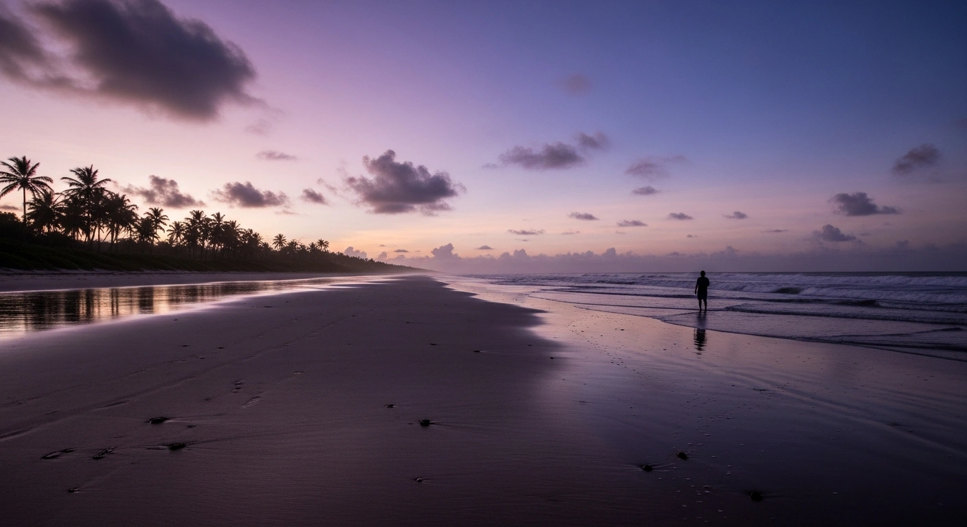 A wide, low-angle shot of a deserted tropical beach at dawn, with long shadows on wet sand reflecting a bruised sky, and a distant silhouetted figure at the water's edge, representing the tragic murder of Toyah Cordingley on Wangetti Beach and the subsequent life imprisonment of Rajwinder Singh.
