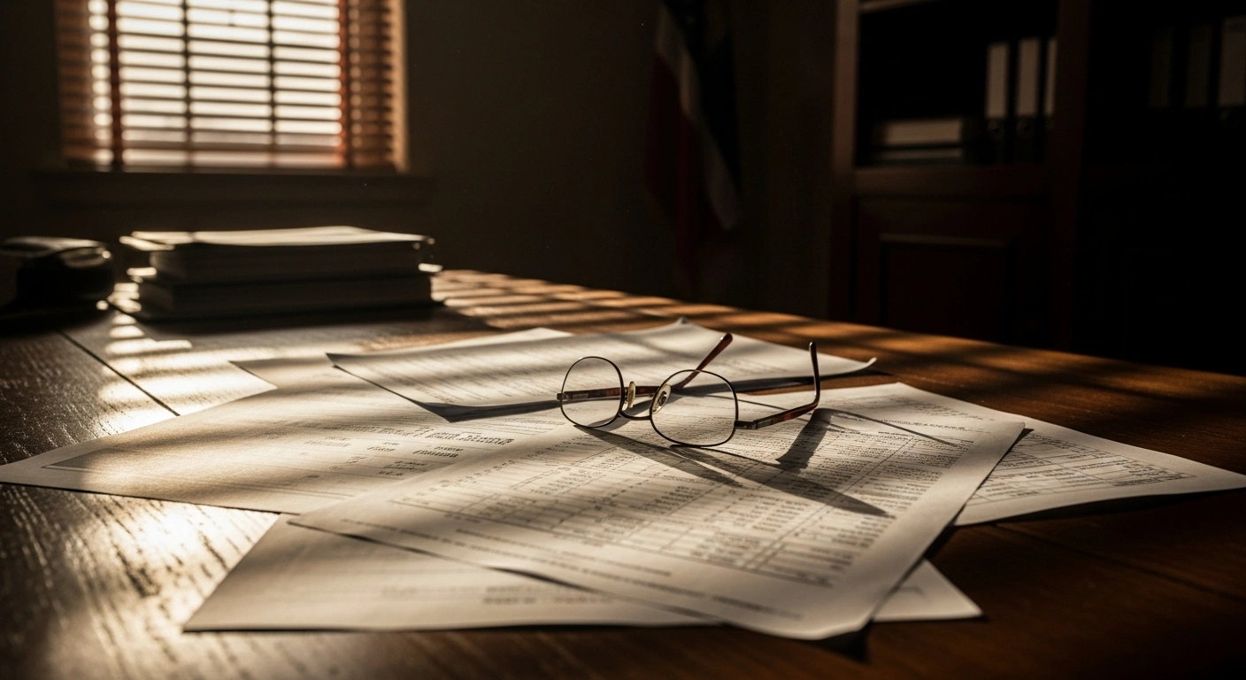 A close-up view of official financial documents and ledgers on a desk, representing the ongoing investigation into the Ram Janmabhoomi Teerth Kshetra Trust land purchase deals.