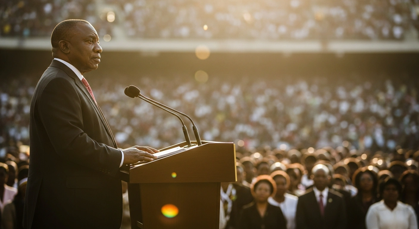 South African President Cyril Ramaphosa delivers the ANC's annual January 8 Statement at Moruleng Stadium, addressing a large crowd about the party's 2026 priorities for economic recovery, job creation, and service delivery.