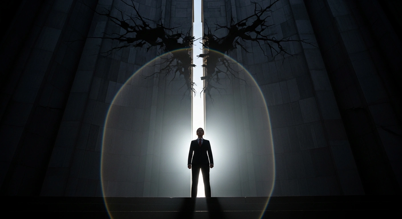 A determined leader stands resolute before a vast, crumbling institutional structure under dramatic, high-contrast lighting, symbolizing President Cyril Ramaphosa's commitment to robust anti-corruption measures, including bolstering agencies and introducing a Whistleblower Protections Bill.