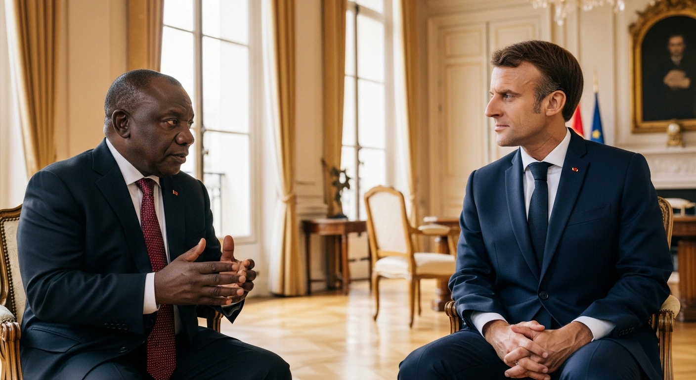 South African President Cyril Ramaphosa and French President Emmanuel Macron meet in Paris to discuss strategic economic and diplomatic cooperation.