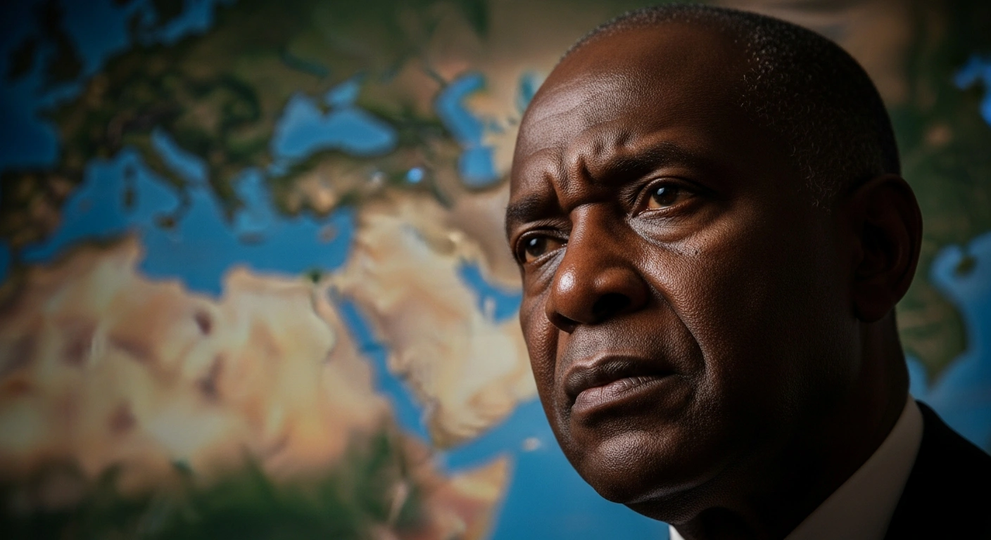 A distinguished African leader, President Cyril Ramaphosa, is depicted with a concerned expression, illuminated by dramatic lighting, with a blurred map of the Middle East in the background, symbolizing South Africa's deep concern over escalating regional tensions and his call for diplomatic resolution.