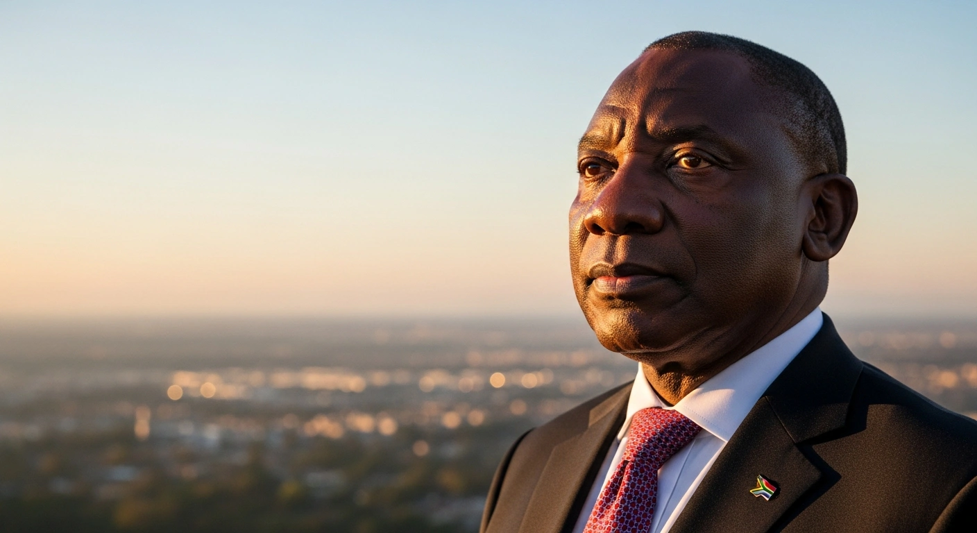 A medium shot of President Cyril Ramaphosa, illuminated by the soft, golden light of a South African sunrise, looking towards a distant, blurred horizon that represents the nation's future, as he delivers his New Year message.