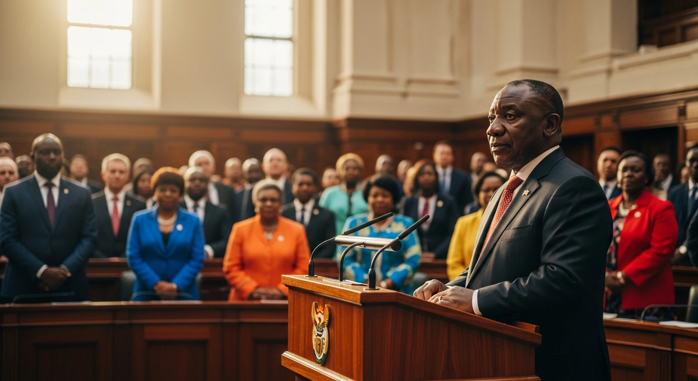 South African President Cyril Ramaphosa addresses the Seventh Parliament of the Pan-African Parliament in Midrand to discuss continental integration and the goals of Agenda 2063.