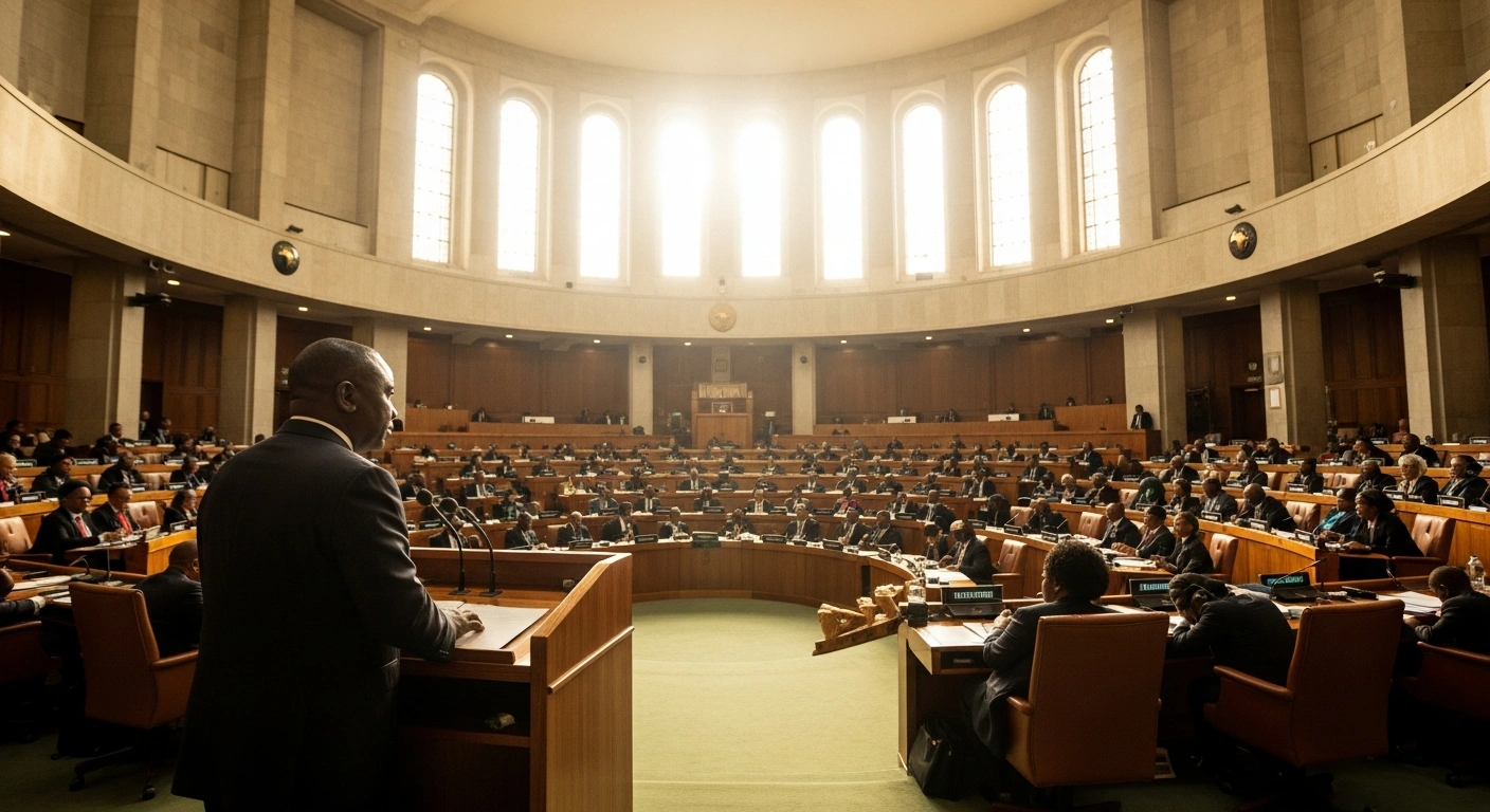 South African President Cyril Ramaphosa addresses the delegates at the opening of the Seventh Pan-African Parliament in Midrand to discuss continental unity and economic integration.