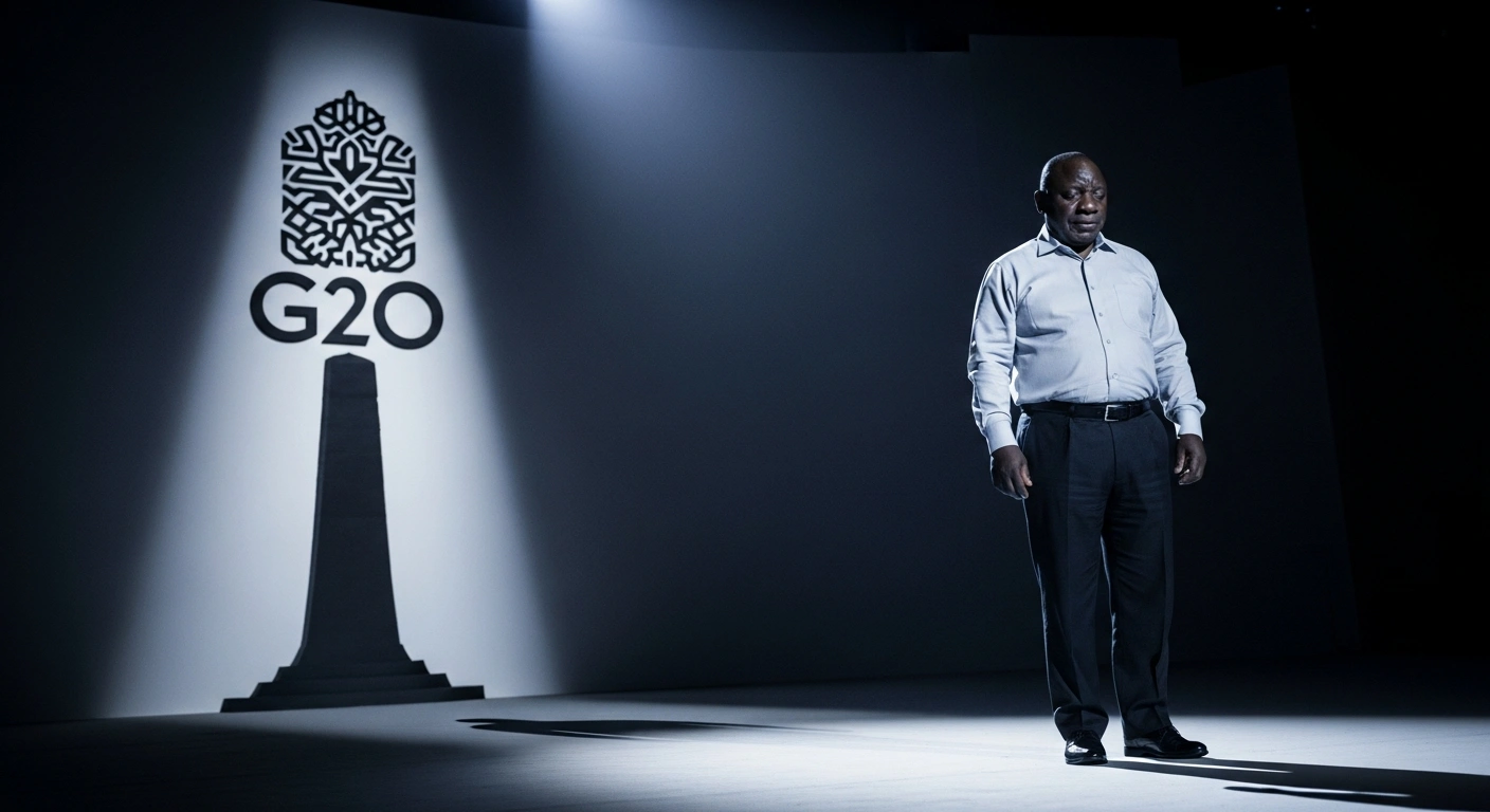 President Cyril Ramaphosa stands alone on a dimly lit stage, his expression conveying regret and weariness, with a large, stylized G20 emblem casting a long shadow in the background, symbolizing the punitive declaration by former US President Donald Trump to bar South Africa from the 2026 G20 Summit and halt aid.