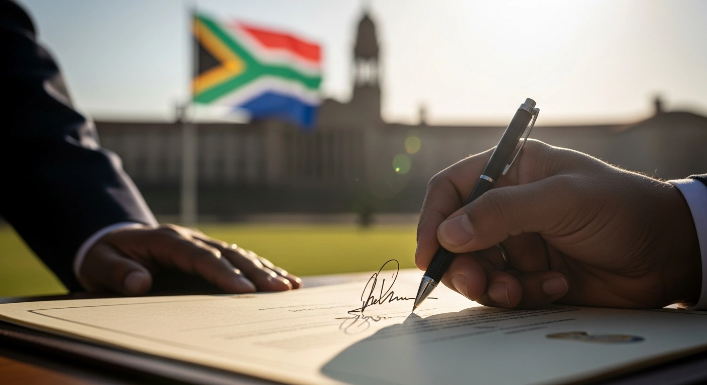 A close-up shot of a hand signing an official document, with a golden glow on the signature line, and a blurred South African flag in the background, symbolizing President Cyril Ramaphosa's approval of salary increases for public office bearers.