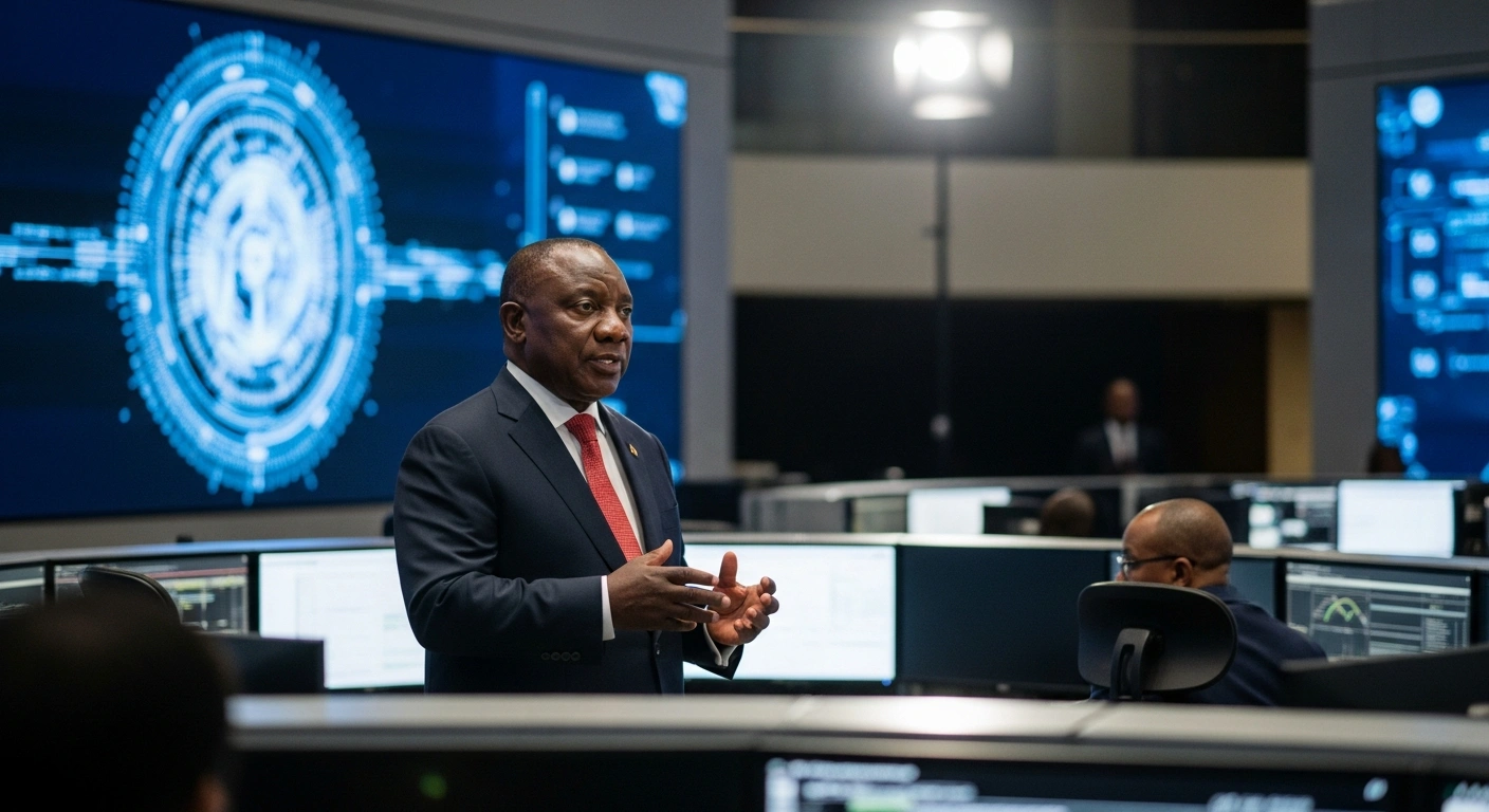 President Cyril Ramaphosa stands in a modern, high-tech command center, illuminated by cool blue light from digital displays, as he addresses the critical role of the South African Revenue Service.