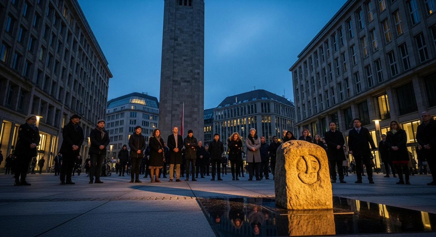 A solemn memorial ceremony takes place at twilight in a public square in Hamburg, where a diverse group gathers around a weathered memorial stone, commemorating Ramazan Avcı, a Turkish migrant killed in a 1985 neo-Nazi attack, and highlighting the ongoing fight against far-right violence.