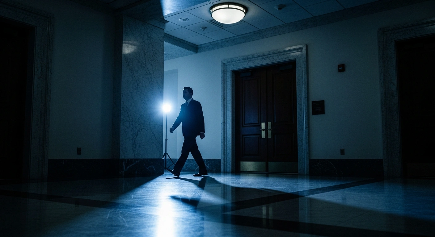 A man in a suit walks through a dark government hallway as part of an investigation into former MASAK deputy chair Ramazan Basak for market manipulation.