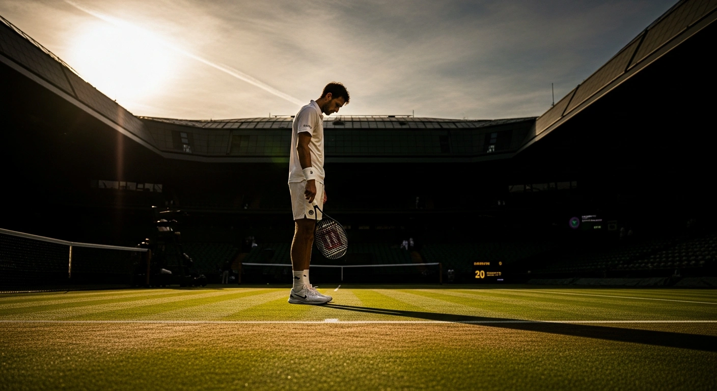 Argentine tennis player Ramon Burruchaga stands on a grass court at the Wimbledon Championships after his first-round defeat.