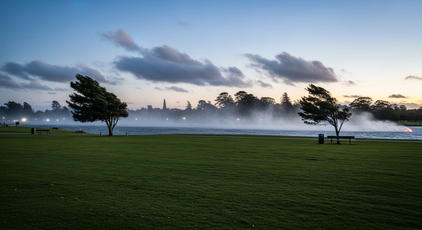 A wide, cinematic shot of Mooragh Park on the Isle of Man at dusk, showing strong winds whipping through trees and across water, symbolizing the cancellation of the annual Ramsey fireworks display due to public safety concerns.