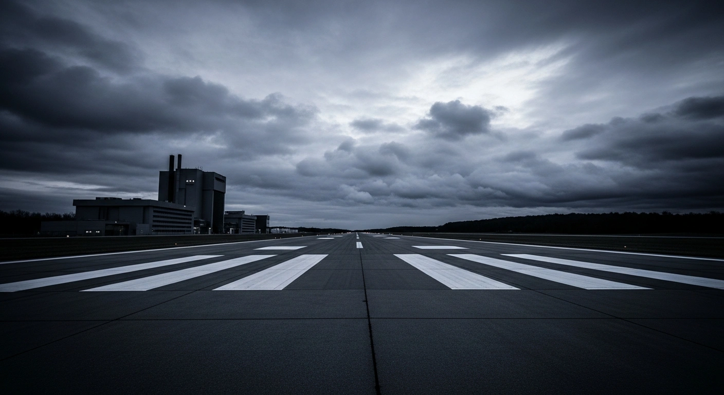 A dramatic view of the Ramstein Air Base at dusk, representing the political debate over its role in international military operations.