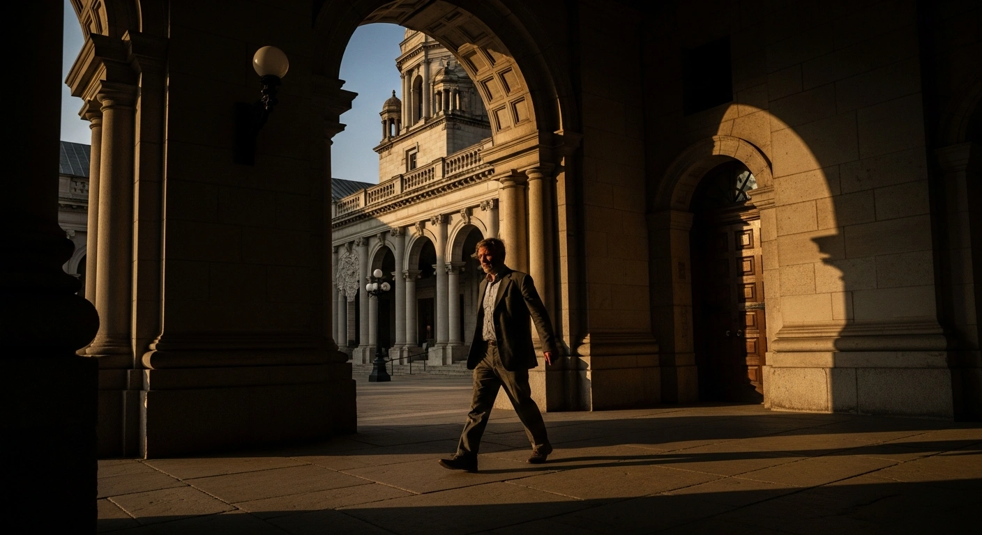 A man, representing former Sri Lankan Minister of Tourism and Civil Aviation Prasanna Ranatunga, emerges from the imposing, shadowed archway of a grand colonial-era courthouse under late afternoon sun, having been arrested and granted bail by the Colombo Magistrate's Court for alleged corruption involving a financial irregularity.