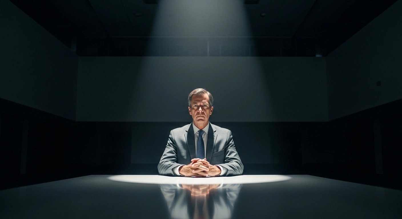A man in a suit sits alone at a polished table under a harsh spotlight in a dimly lit room, symbolizing Randall Zúñiga, the director of Costa Rica's Judicial Investigation Agency (OIJ), facing a criminal investigation for alleged sexual assault and abuse and his provisional suspension by the Supreme Court of Justice.
