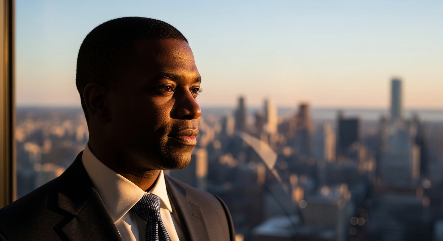 Raphael Bostic, President and CEO of the Federal Reserve Bank of Atlanta, is depicted in a thoughtful medium shot, silhouetted against a window overlooking a city skyline at dusk, reflecting on his upcoming retirement from his role as the first Black and openly gay regional Fed president, which will open a key seat on the Federal Open Market Committee.