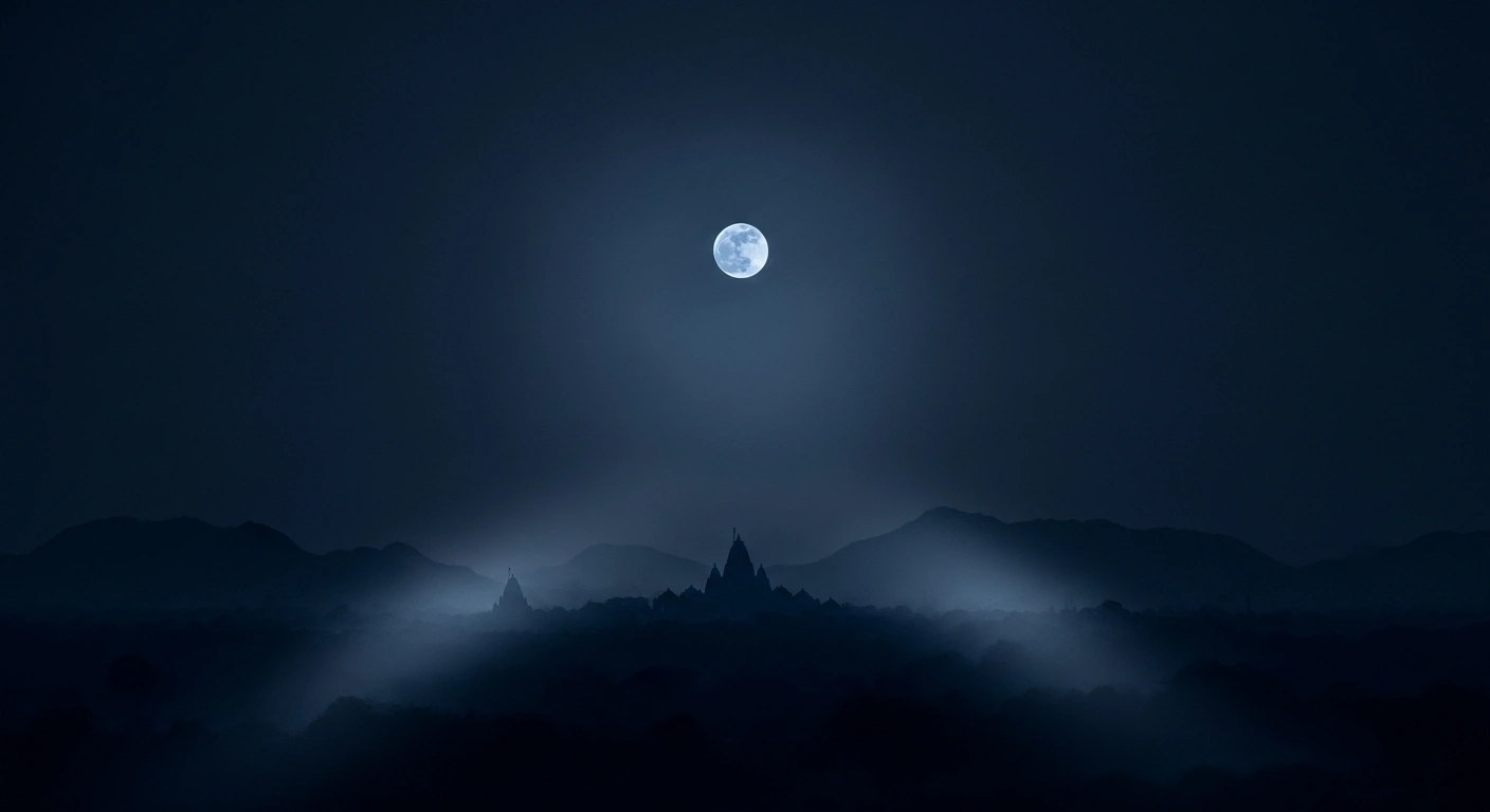 A rare blue micromoon glows in the night sky above the silhouetted landscape of India during a unique celestial event.