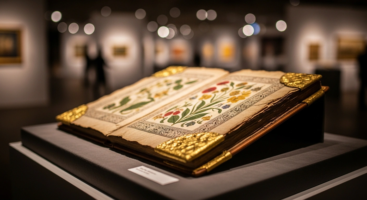 A rare 15th-century Tacuinum Sanitatis manuscript is displayed on a pedestal at the TEFAF Maastricht art fair after being sold for 5 million Swiss francs.