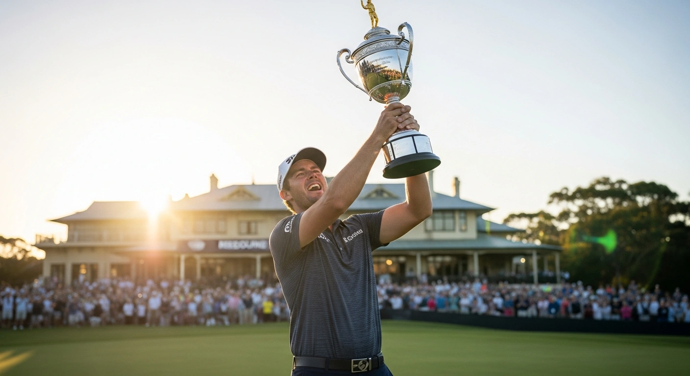 Rasmus Neergaard-Petersen, a Danish golfer, stands triumphantly holding the Crown Australian Open trophy at Royal Melbourne, backlit by the golden hour sun, celebrating his first major professional title and an invitation to the Masters.