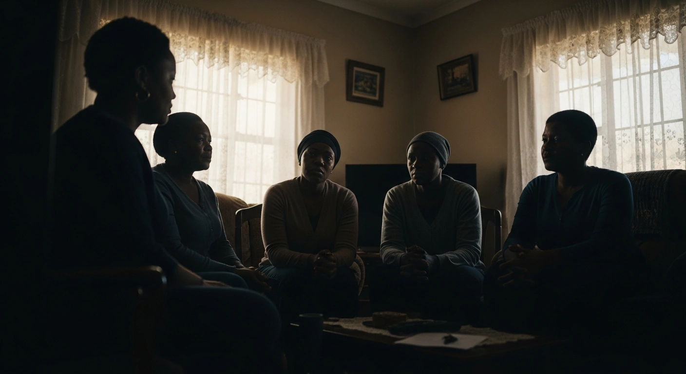 A grieving family receives trauma counseling support in a home in Ratanda, South Africa, following police-involved deaths during service delivery protests.