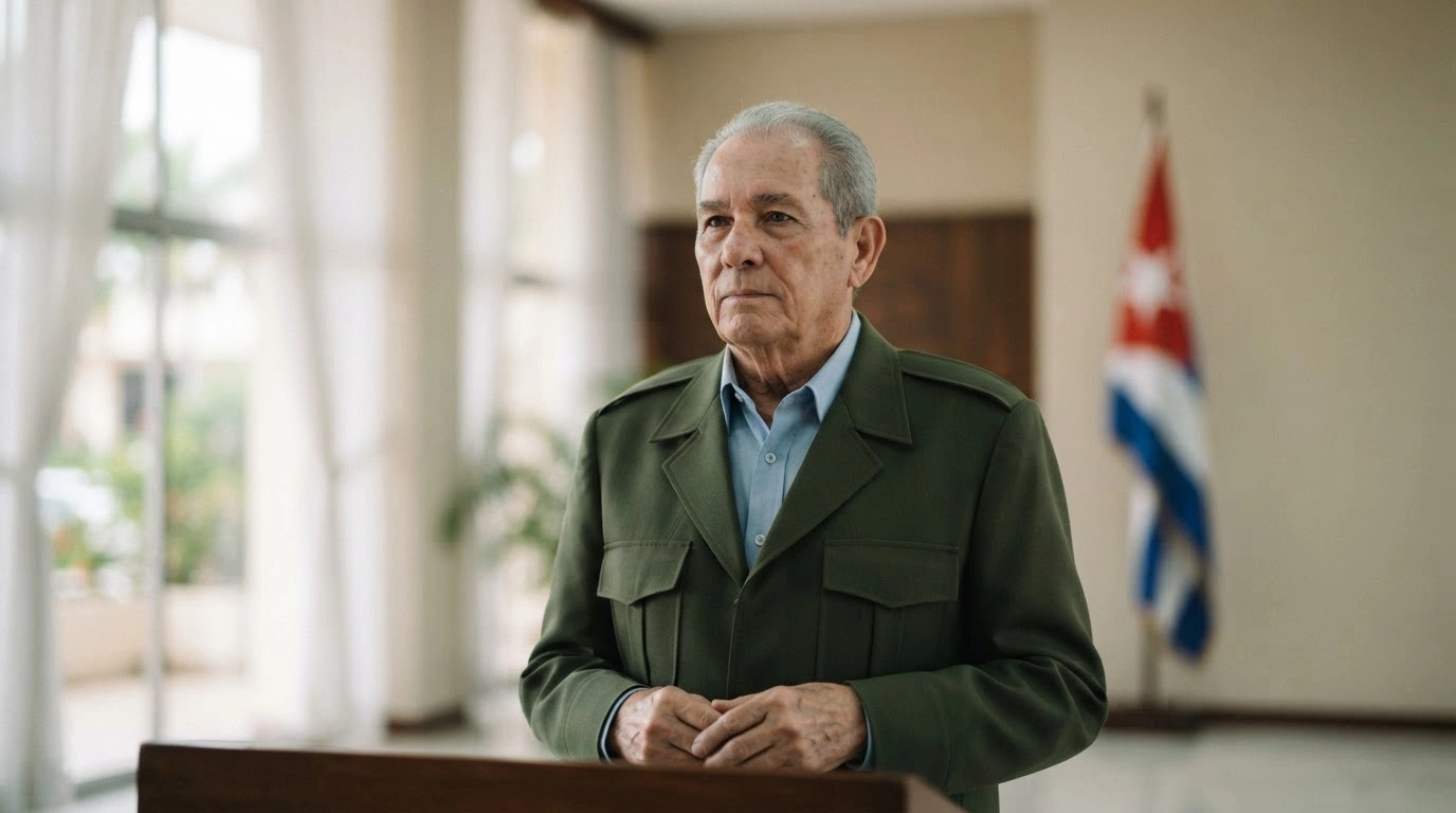 Former Cuban leader Raul Castro stands in a well-lit room during a public appearance to address rumors about his health.