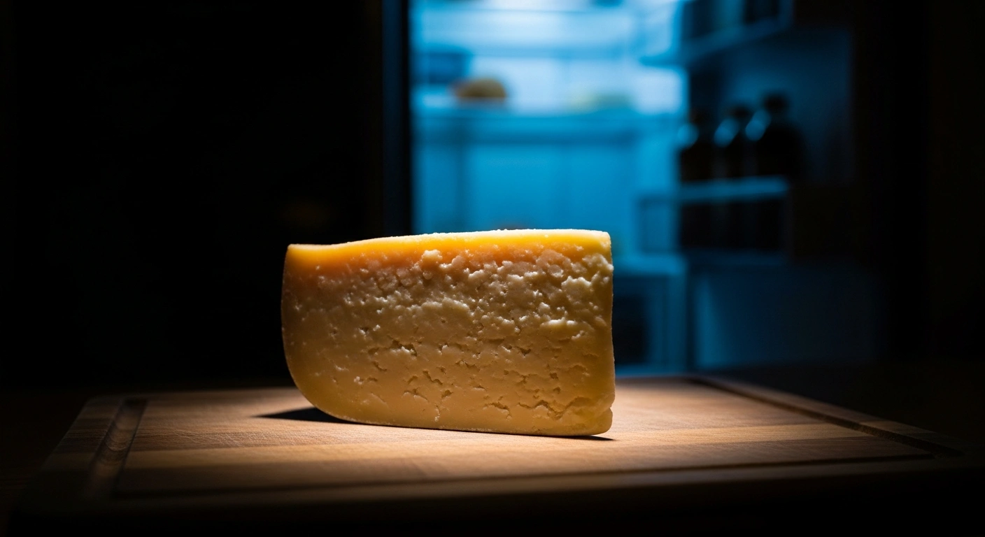 A wedge of raw milk cheddar cheese sits on a wooden board as health officials investigate an E. coli outbreak linked to dairy products.