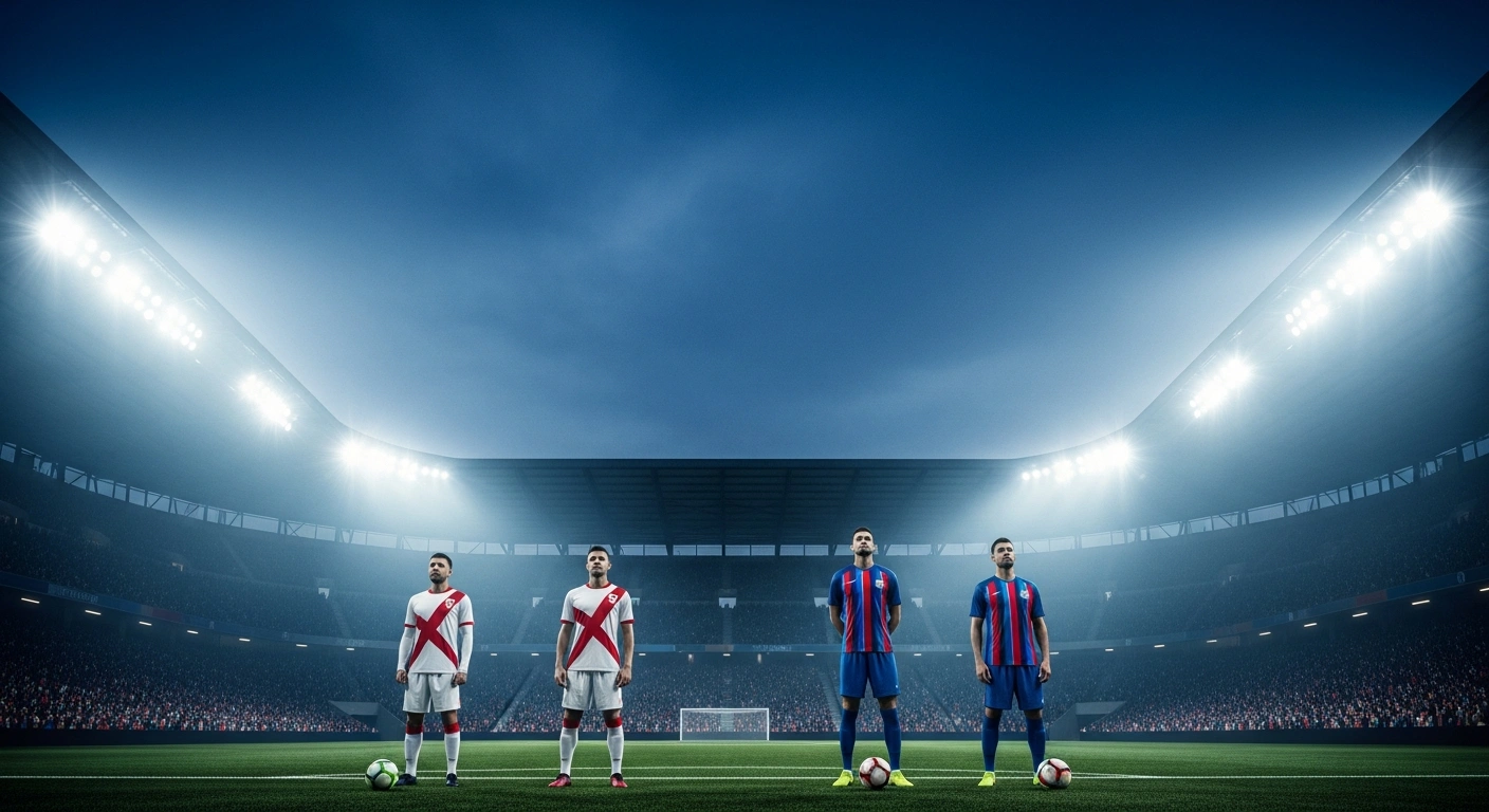 Two professional football players from Rayo Vallecano and Crystal Palace stand on the pitch during the 2026 UEFA Conference League final.