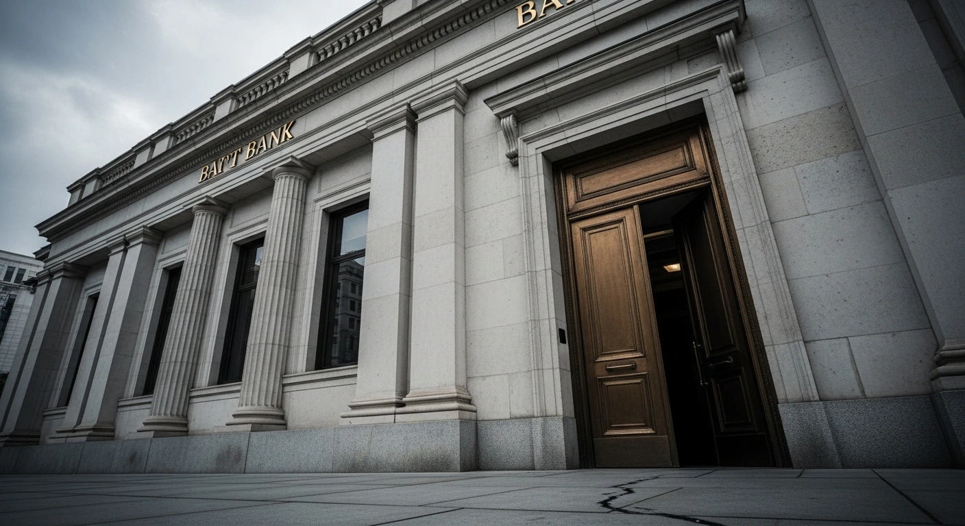 A low-angle view of a grand, neoclassical bank building with a slightly ajar bronze door under a grey sky, symbolizing the Reserve Bank of Australia maintaining the official cash rate at 3.6% amidst persistent inflation and a cooling labor market.