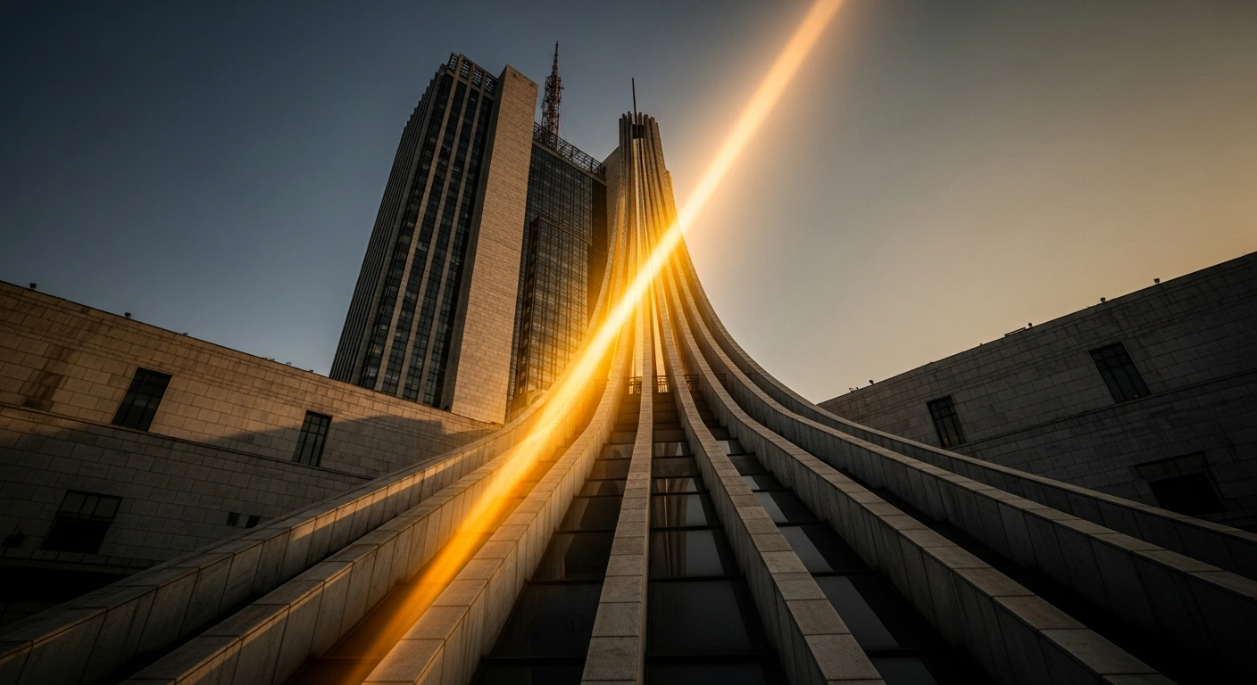 A grand, modern architectural building, bathed in warm golden light, symbolizes the Reserve Bank of India's decision to cut the repo rate and the Monetary Policy Committee's projection of robust GDP growth for FY26 amidst low inflation.