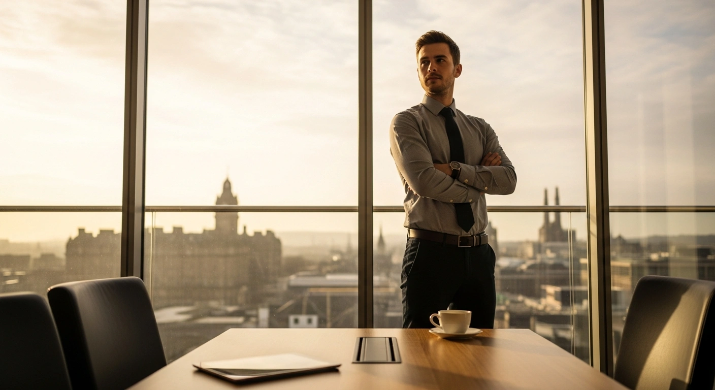 A Scottish entrepreneur stands in a modern office overlooking Edinburgh, representing the Royal Bank of Scotland's new accelerator pitch competition for local businesses.