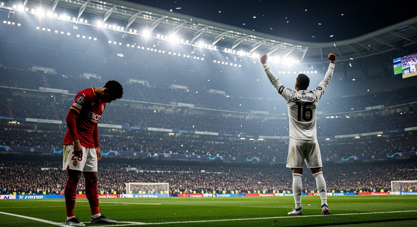 A Real Madrid player celebrates triumphantly on the pitch at the Santiago Bernabéu under bright stadium lights, with a dejected AS Monaco player in the background, symbolizing Real Madrid's commanding 6-1 defeat of AS Monaco in their UEFA Champions League match.