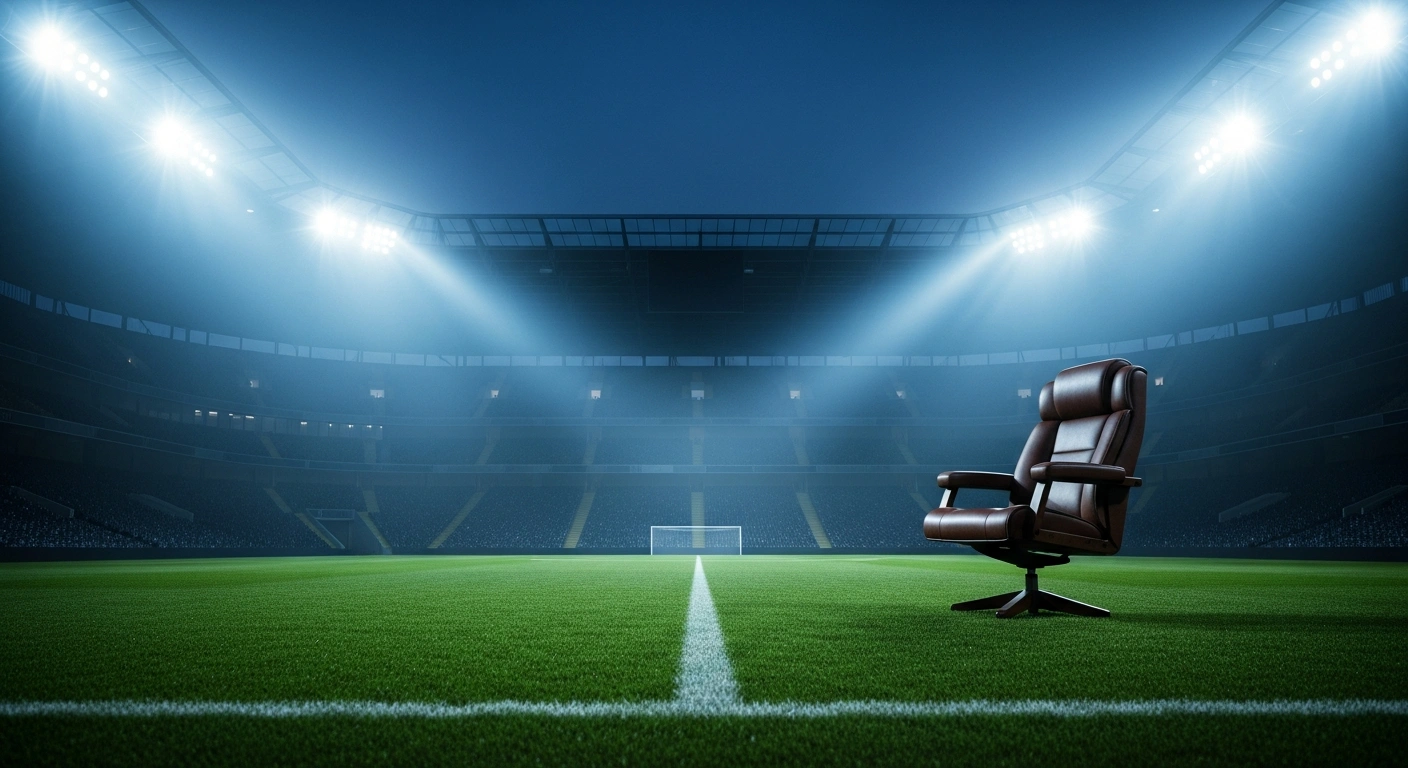 The empty pitch of a professional football stadium at night represents Real Madrid's formal denial of transfer negotiations regarding Michael Olise.