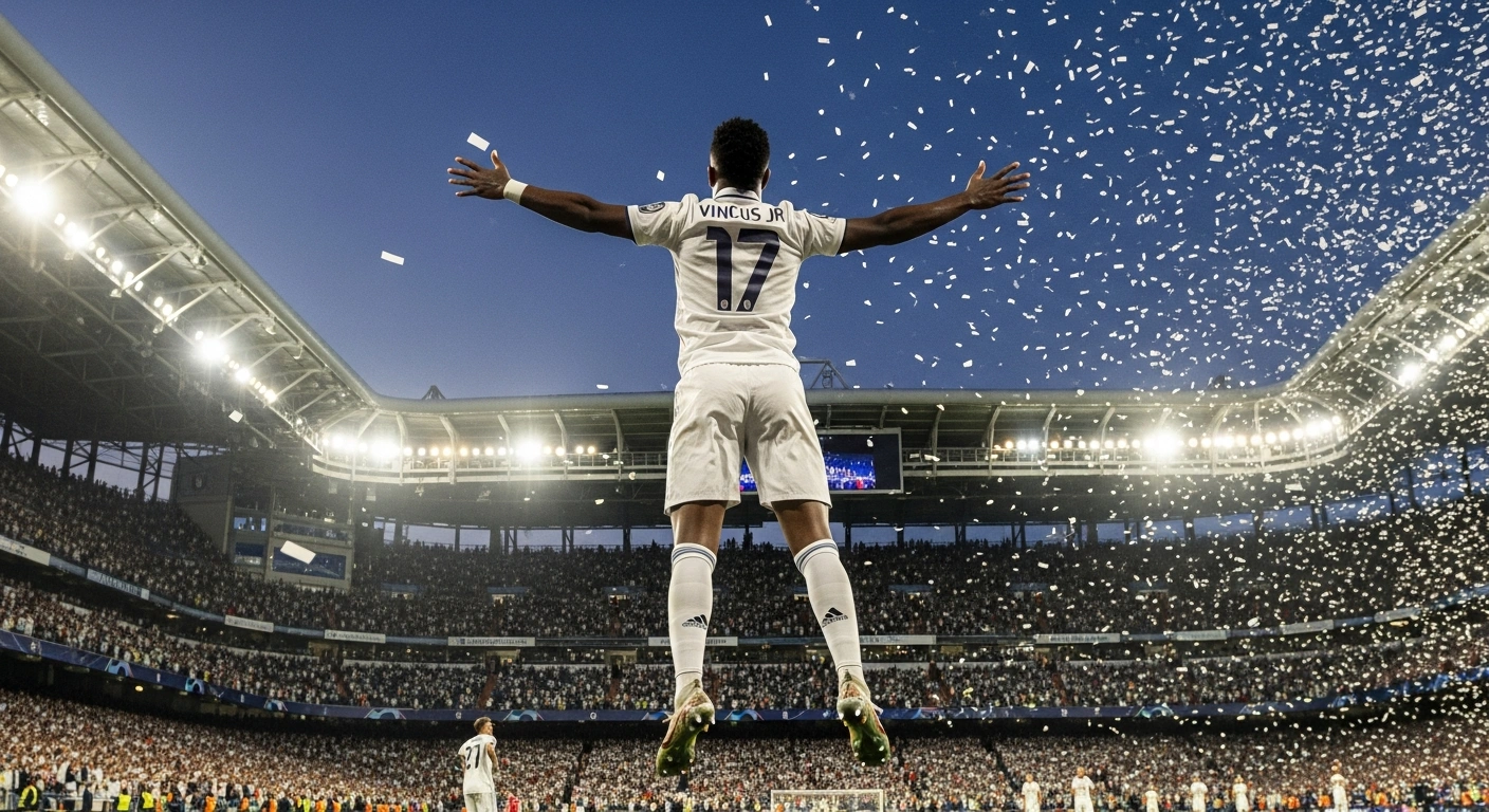Vinicius Jr. celebrates his decisive goal for Real Madrid at the Santiago Bernabéu, arms outstretched amidst falling confetti and the cheering crowd, securing their advancement in the UEFA Champions League.