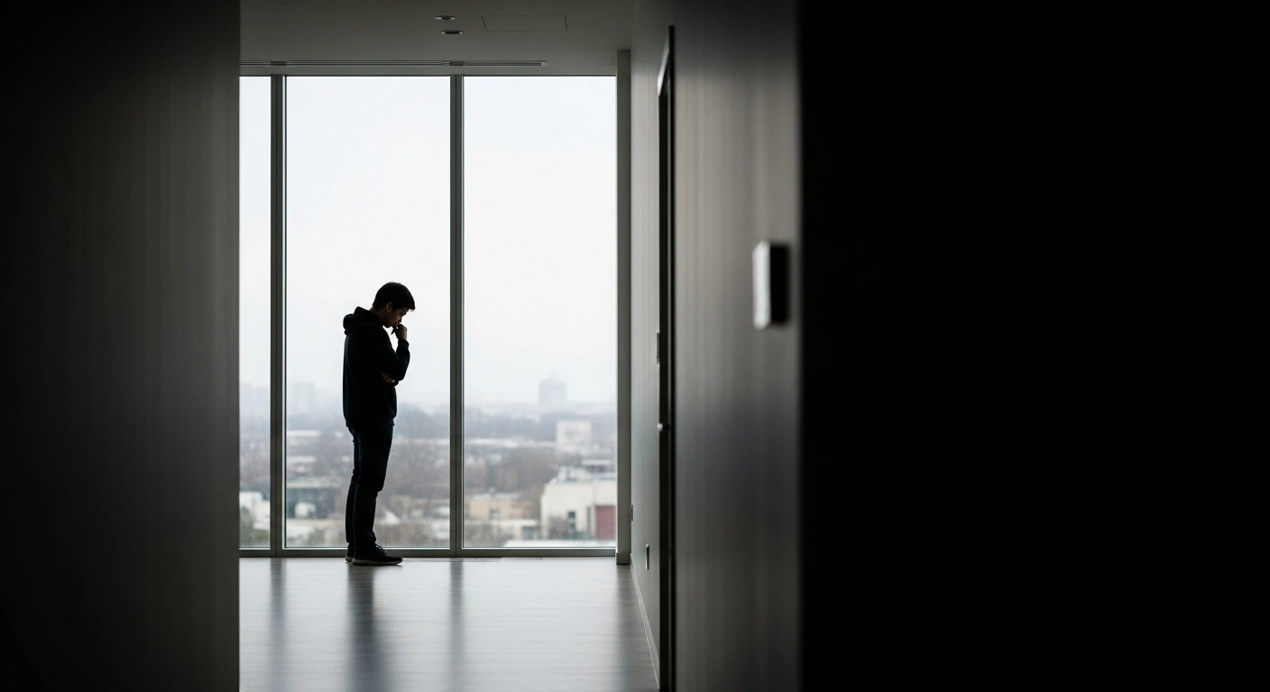 A solitary figure stands silhouetted against a window in a minimalist room, representing the personal considerations behind the record 277,970 abortions in England and Wales in 2023, a significant increase dominated by medical procedures.