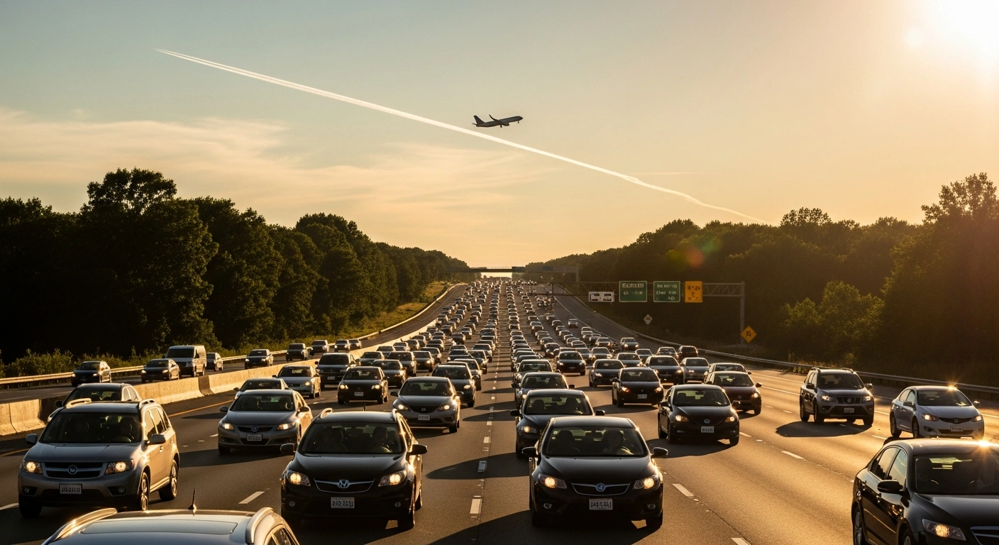 A heavy flow of traffic on a highway during the Independence Day holiday as travelers head to their destinations by car.