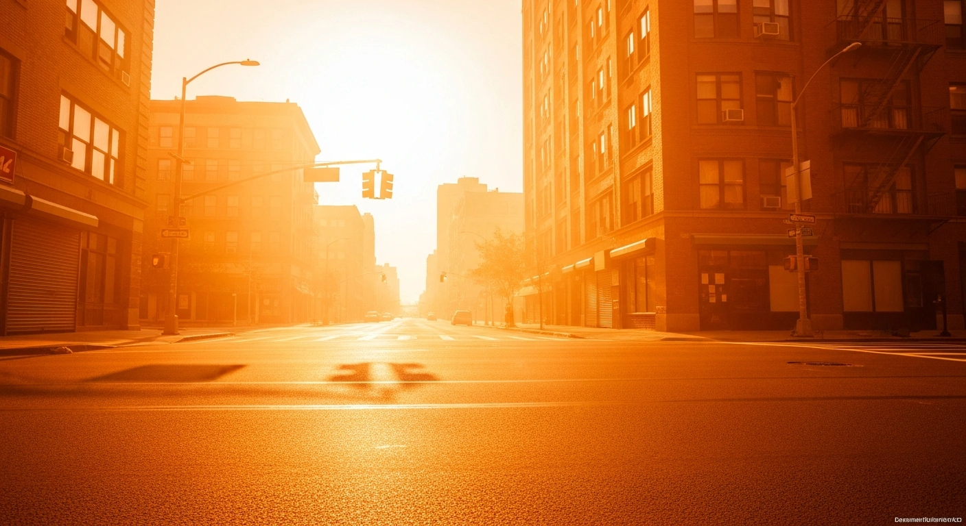 A desolate city street experiences a record-breaking heatwave with visible heat distortion rising from the asphalt under a harsh sun.